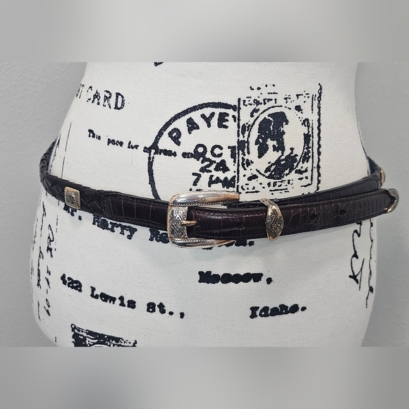 Vintage Brighton Brown Leather Croc Embossed Chevron Belt Charm Accents Large 40 - Picture 1 of 8